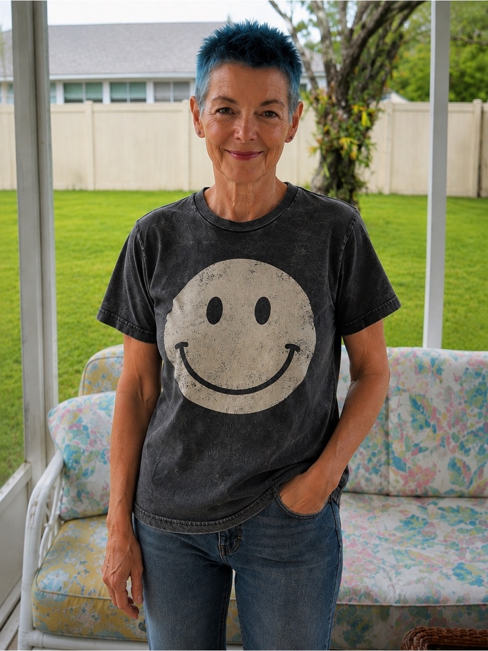 Lotus LA Smiley Face Graphic Tee Acid Wash Charcoal Small